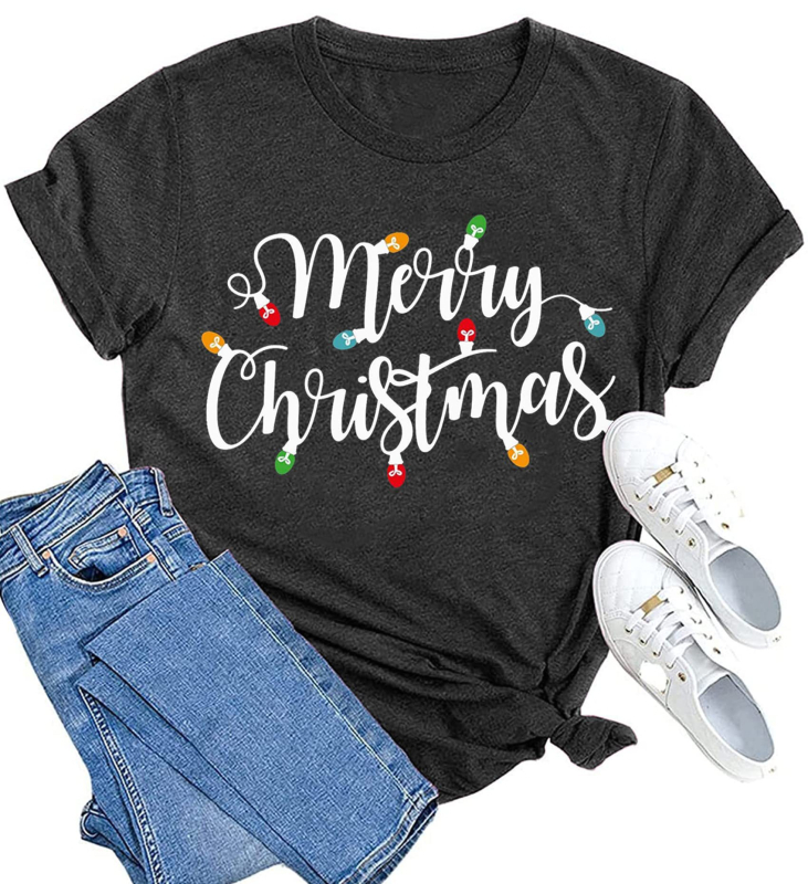 Tricou femei cu imprimeu Merry Christmas în litere, mâneci scurte, croială lejeră