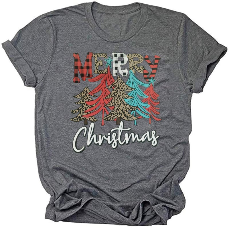 Tricou femei cu imprimeu Merry Christmas în litere, mâneci scurte, croială lejeră