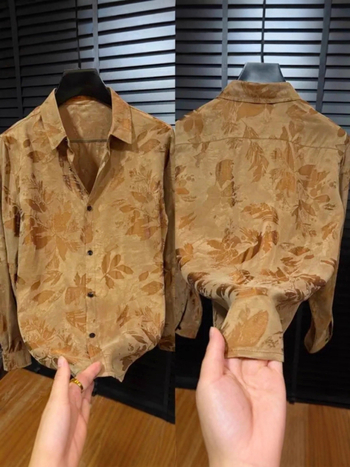 Muška košulja s dugim rukavima, otisak, boja blok, jesen, korejski stil, s kopčom na ovratnik