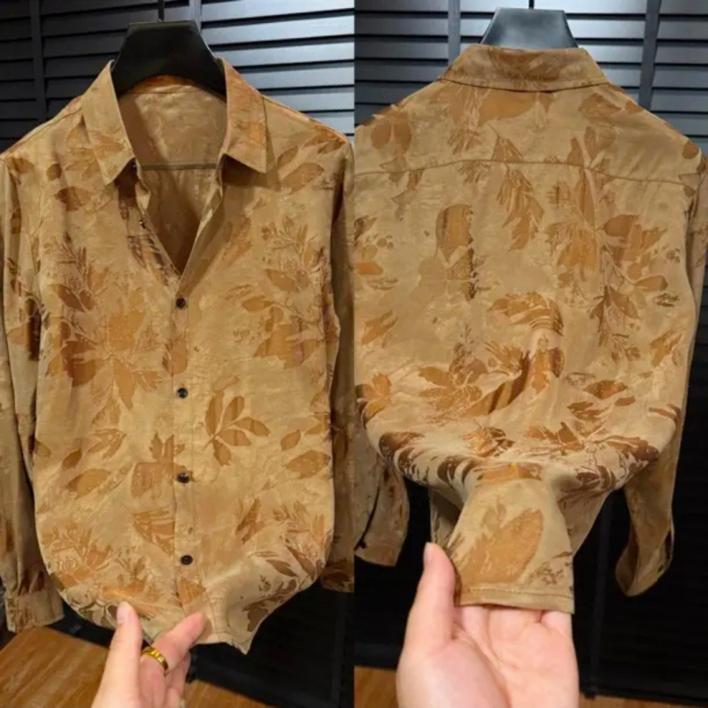 Muška košulja s dugim rukavima, otisak, boja blok, jesen, korejski stil, s kopčom na ovratnik