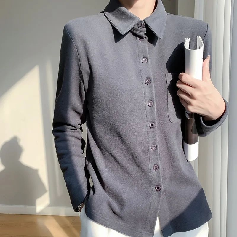 Cămașă de damă în stil cardigan — poliester periat, mâneci lungi, model uni, conținut poliester 70–80%