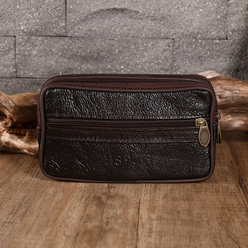 Férfi bőr övtáska cipzárral, vízszintes négyszögletes forma, 4,0–7,2 hüvelykes telefonokhoz.