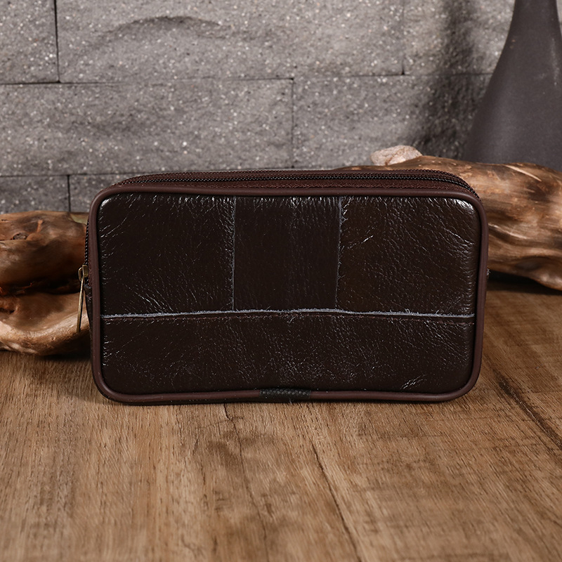 Férfi bőr övtáska cipzárral, vízszintes négyszögletes forma, 4,0–7,2 hüvelykes telefonokhoz.