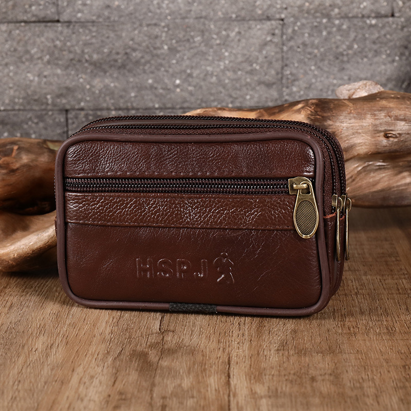 Férfi bőr övtáska cipzárral, vízszintes négyszögletes forma, 4,0–7,2 hüvelykes telefonokhoz.