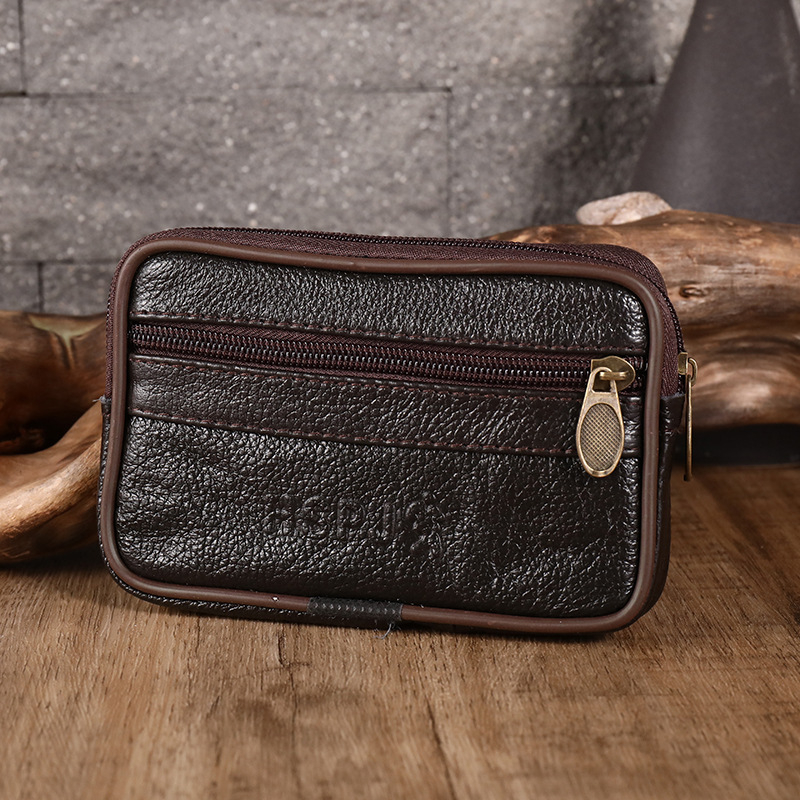 Férfi bőr övtáska cipzárral, vízszintes négyszögletes forma, 4,0–7,2 hüvelykes telefonokhoz.