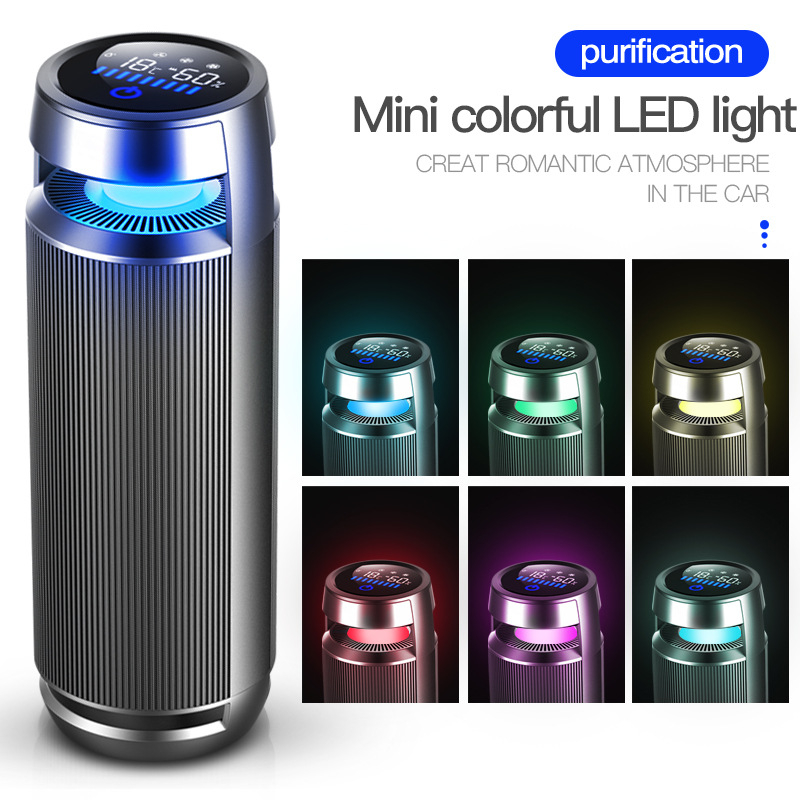 Purificator de aer pentru mașină cu carcasă din aliaj de aluminiu și afișaj digital; elimină formaldehidă și PM2.5; flux de aer 50 m3/h; zgomot redus; alimentare la bord și control tactil