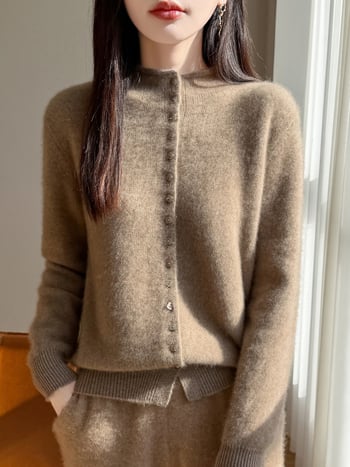 Cardigan cu tiv rulant, guler semi-înalt, mâneci lungi, lungime standard, 95% lână