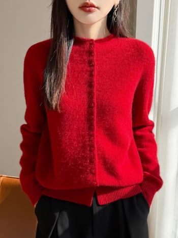 Cardigan cu tiv rulant, guler semi-înalt, mâneci lungi, lungime standard, 95% lână