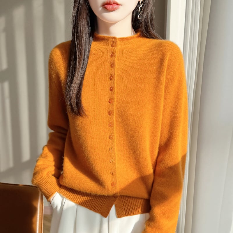 Cardigan cu tiv rulant, guler semi-înalt, mâneci lungi, lungime standard, 95% lână