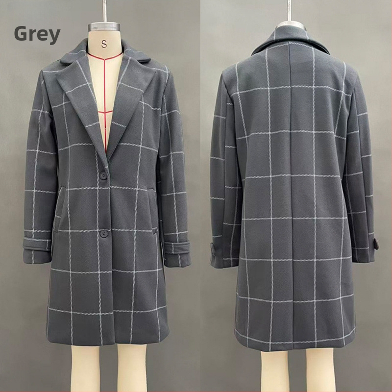 Palton feminin de lungime medie, în stil Euro-American retro, cu model grilă pătrată și patchwork, material poliester, croială lejeră, mâneci lungi