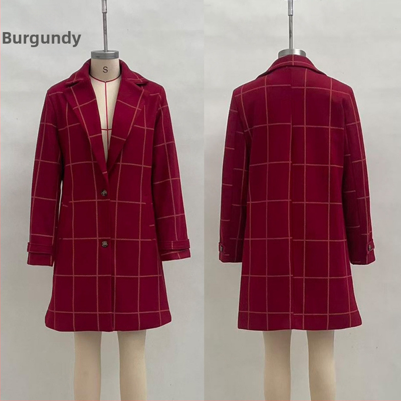 Palton feminin de lungime medie, în stil Euro-American retro, cu model grilă pătrată și patchwork, material poliester, croială lejeră, mâneci lungi