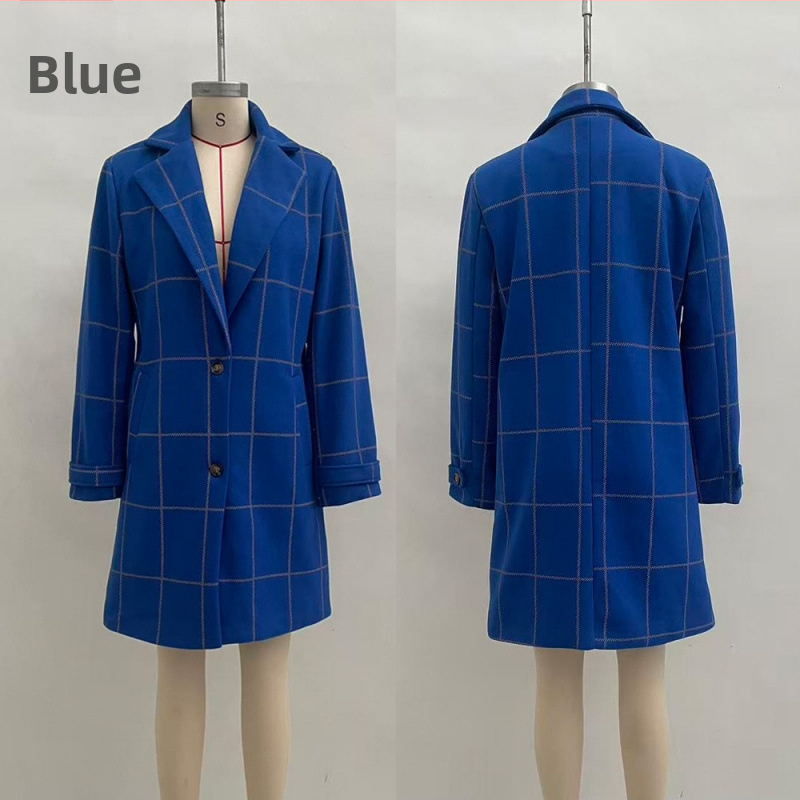 Palton feminin de lungime medie, în stil Euro-American retro, cu model grilă pătrată și patchwork, material poliester, croială lejeră, mâneci lungi