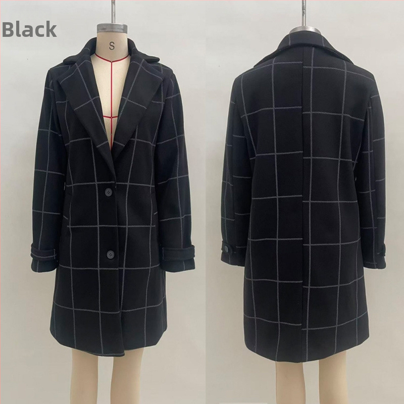 Palton feminin de lungime medie, în stil Euro-American retro, cu model grilă pătrată și patchwork, material poliester, croială lejeră, mâneci lungi