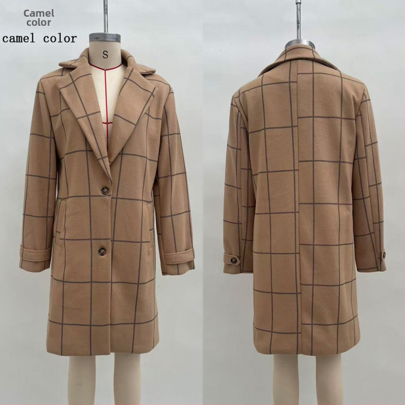 Palton feminin de lungime medie, în stil Euro-American retro, cu model grilă pătrată și patchwork, material poliester, croială lejeră, mâneci lungi