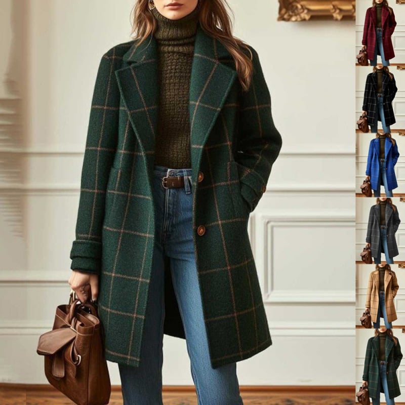 Palton feminin de lungime medie, în stil Euro-American retro, cu model grilă pătrată și patchwork, material poliester, croială lejeră, mâneci lungi