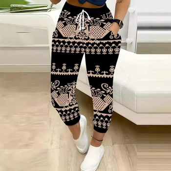 Damske casual hlače širokih nogu, elastični pojas, otisak, materijal imitacija pamuka s 70–80% poliestera