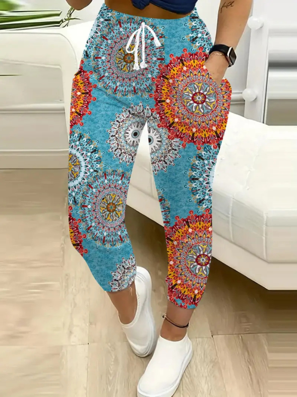 Damske casual hlače širokih nogu, elastični pojas, otisak, materijal imitacija pamuka s 70–80% poliestera