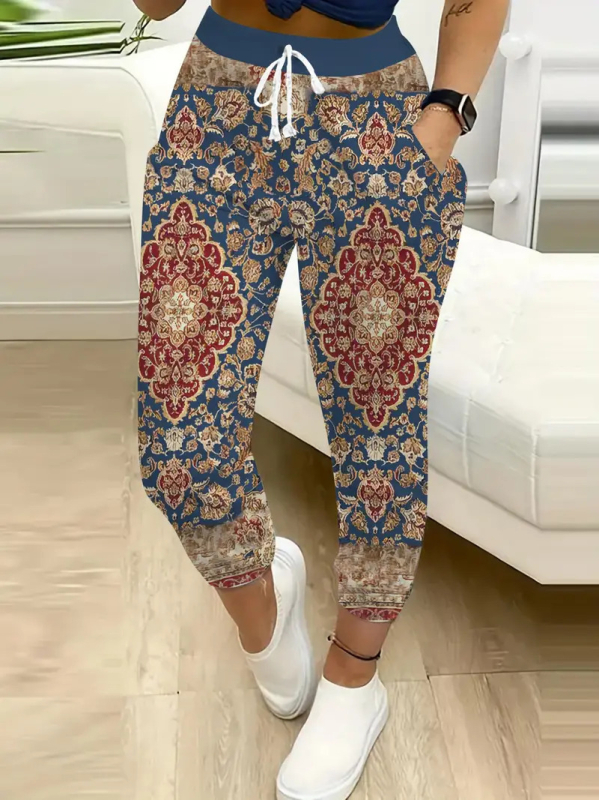 Damske casual hlače širokih nogu, elastični pojas, otisak, materijal imitacija pamuka s 70–80% poliestera