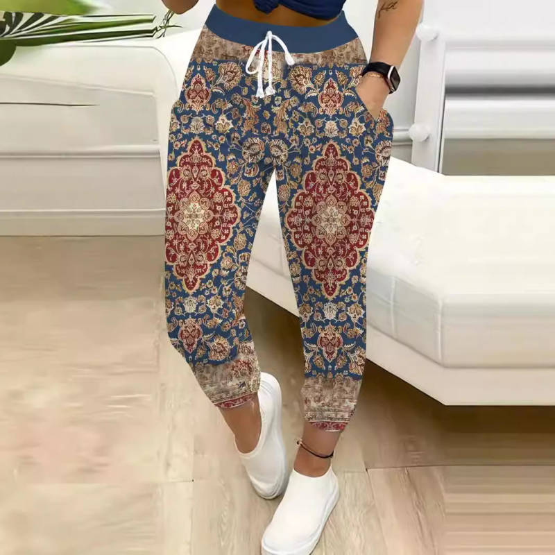 Damske casual hlače širokih nogu, elastični pojas, otisak, materijal imitacija pamuka s 70–80% poliestera