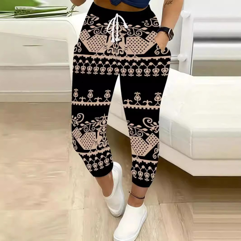 Damske casual hlače širokih nogu, elastični pojas, otisak, materijal imitacija pamuka s 70–80% poliestera