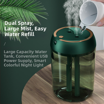 Επιτραπέζιος USB υγραντήρας με διπλές εκπομπές ατμού, δεξαμενή 1,0–2,5 L, χρονοδιακόπτης 2–8 h, USB τροφοδοσία, οικιακή χρήση, έως 10 τ.μ.