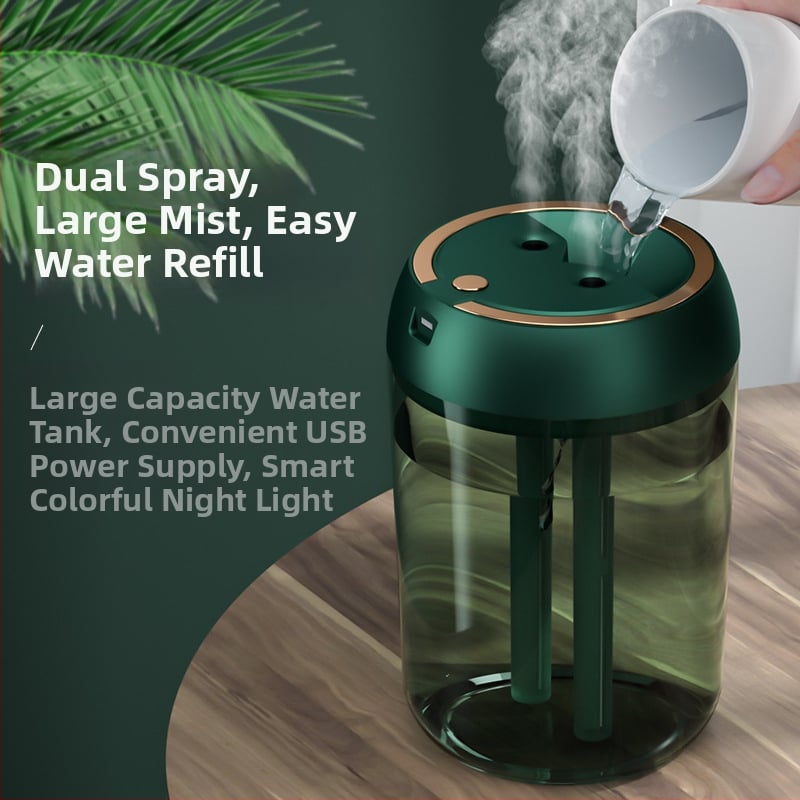 Επιτραπέζιος USB υγραντήρας με διπλές εκπομπές ατμού, δεξαμενή 1,0–2,5 L, χρονοδιακόπτης 2–8 h, USB τροφοδοσία, οικιακή χρήση, έως 10 τ.μ.