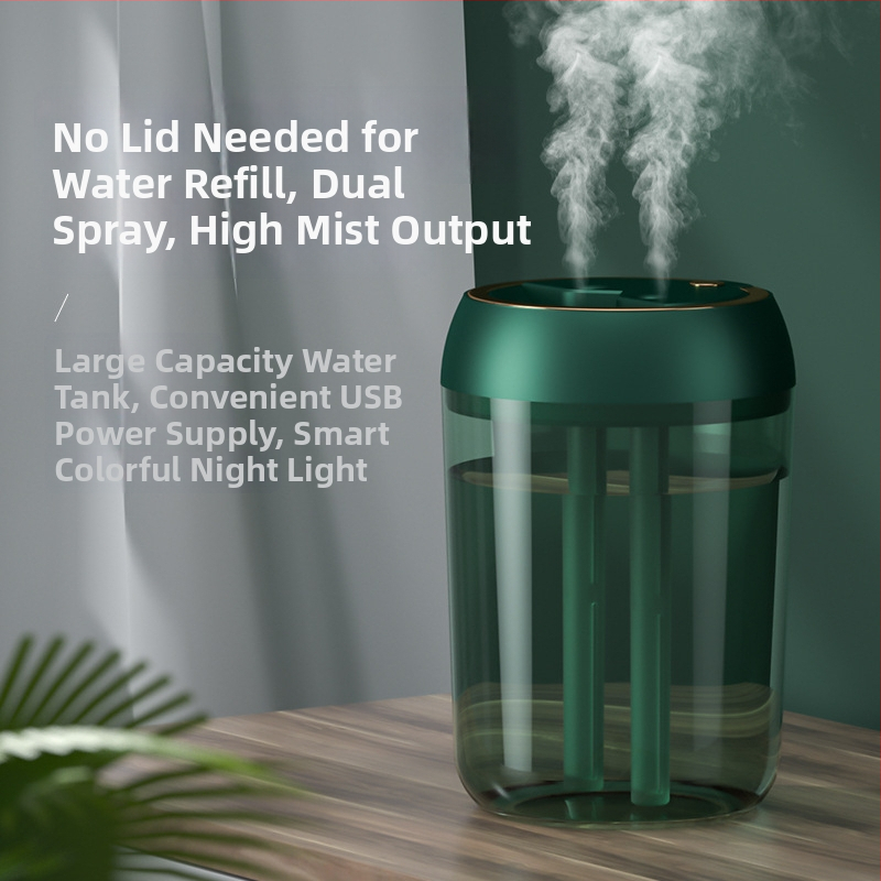 Επιτραπέζιος USB υγραντήρας με διπλές εκπομπές ατμού, δεξαμενή 1,0–2,5 L, χρονοδιακόπτης 2–8 h, USB τροφοδοσία, οικιακή χρήση, έως 10 τ.μ.