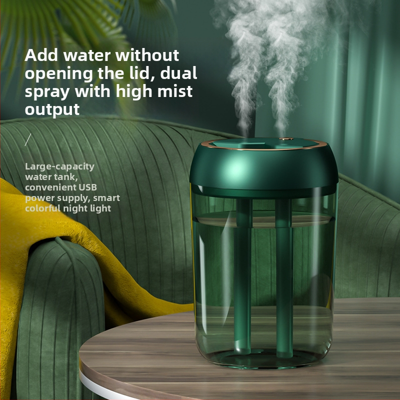 Επιτραπέζιος USB υγραντήρας με διπλές εκπομπές ατμού, δεξαμενή 1,0–2,5 L, χρονοδιακόπτης 2–8 h, USB τροφοδοσία, οικιακή χρήση, έως 10 τ.μ.