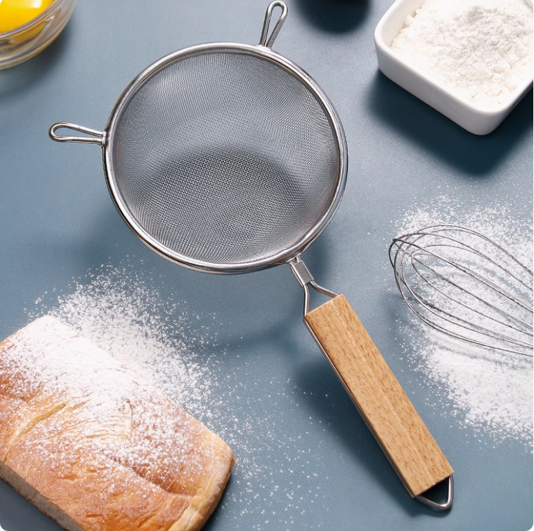 Kuhinjsko sito s drvenom drškom, nehrđajući čelik 201, ultra-fina mreža, marka QN, predstavljeno 2019