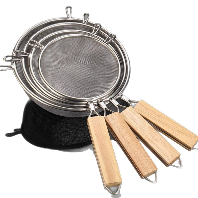 Kuhinjsko sito s drvenom drškom, nehrđajući čelik 201, ultra-fina mreža, marka QN, predstavljeno 2019