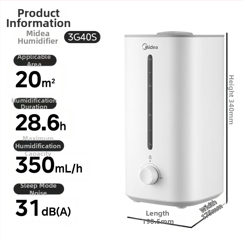 Midea ovlaživač SC-3G40S za kućnu upotrebu, 4L spremnik, pokrivenost 10–20 m², aromaterapija, 1 izlaz za maglu, mehanički način rada
