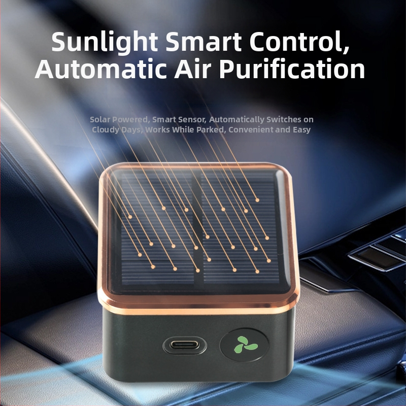 Ηλιακός καθαριστής αέρα αυτοκινήτου με οζονική αποστείρωση και απομάκρυνση οσμών; αφαίρεση φορμαλδεΰδης με αρνητικά ιόντα; μοντέλο HHT2501; ισχύς 0,5W; τροφοδοσία: ηλιακή ή USB; συγκέντρωση αρνητικών ιόντων 1500; κάλυψη έως 10 m³