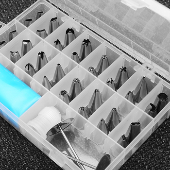 Комплект дюзи за декорация с 32 неръждаеми дюзи, конвертор, декоративни върхове и торба за крем (230 г/сет)