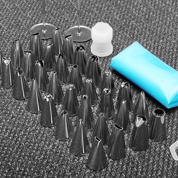 Комплект дюзи за декорация с 32 неръждаеми дюзи, конвертор, декоративни върхове и торба за крем (230 г/сет)