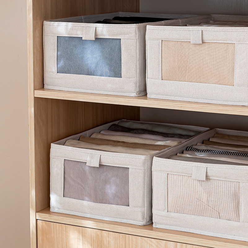 Cutie pliabilă pentru depozitarea hainelor, din bumbac și in, transparentă, fără montaj, portabilă pentru dormitor, capacitate 5–10 L