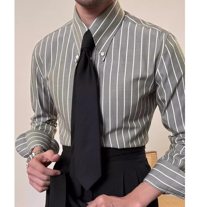 Cămașă pentru bărbați, stil vintage, mâneci lungi, guler Turn-down, țesătură poliester cu finisaj anti-pliuri