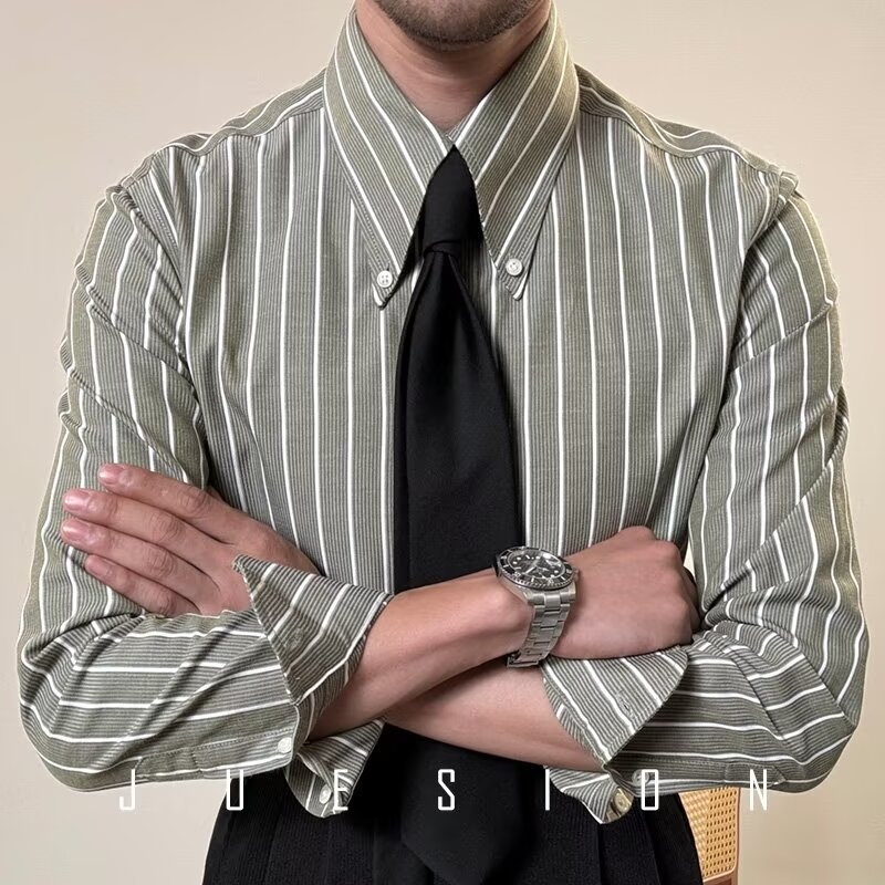 Cămașă pentru bărbați, stil vintage, mâneci lungi, guler Turn-down, țesătură poliester cu finisaj anti-pliuri