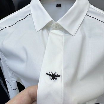 Cămașă pentru bărbați cu broderie de albine, croială slim, guler rever, mâneci lungi, amestec de bumbac