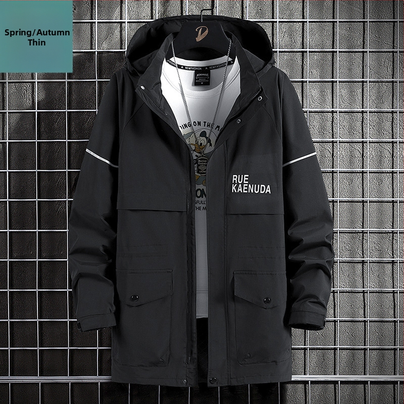 Muška windbreaker jakna s kapuljačom, plus veličina, jesenska srednja duljina, ležerni stil