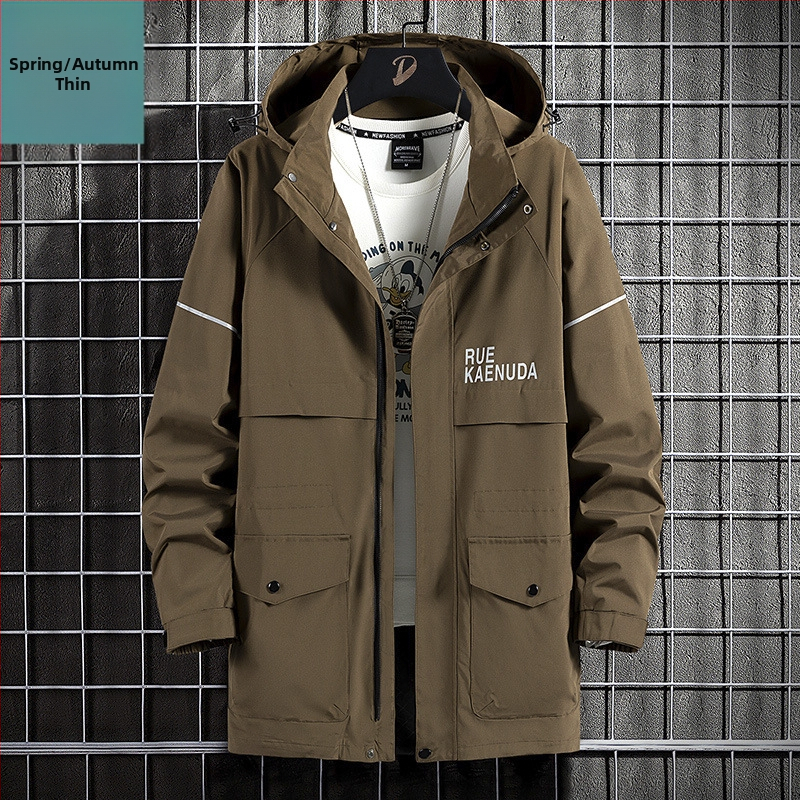 Muška windbreaker jakna s kapuljačom, plus veličina, jesenska srednja duljina, ležerni stil