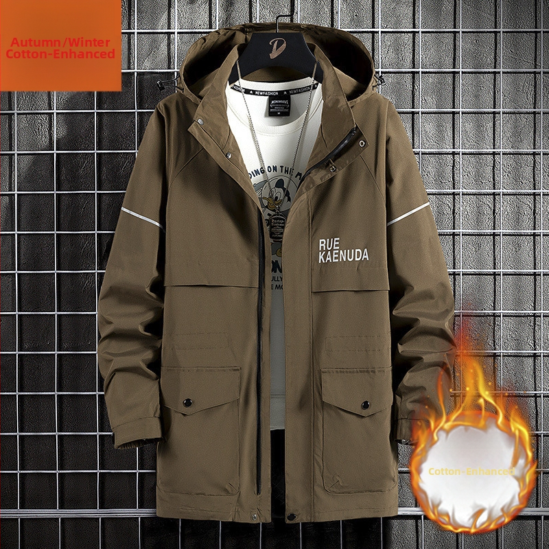 Muška windbreaker jakna s kapuljačom, plus veličina, jesenska srednja duljina, ležerni stil