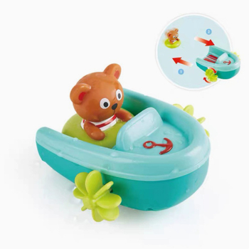 Barcă de baie cu ursuleț Teddy – jucărie de baie pentru sugari, joc de apă cu roată rotativă; ambalaj în cutie; dezvoltă abilități manuale; potrivit pentru 0–3 ani; Categoria 3C: alte jucării sub 14 ani