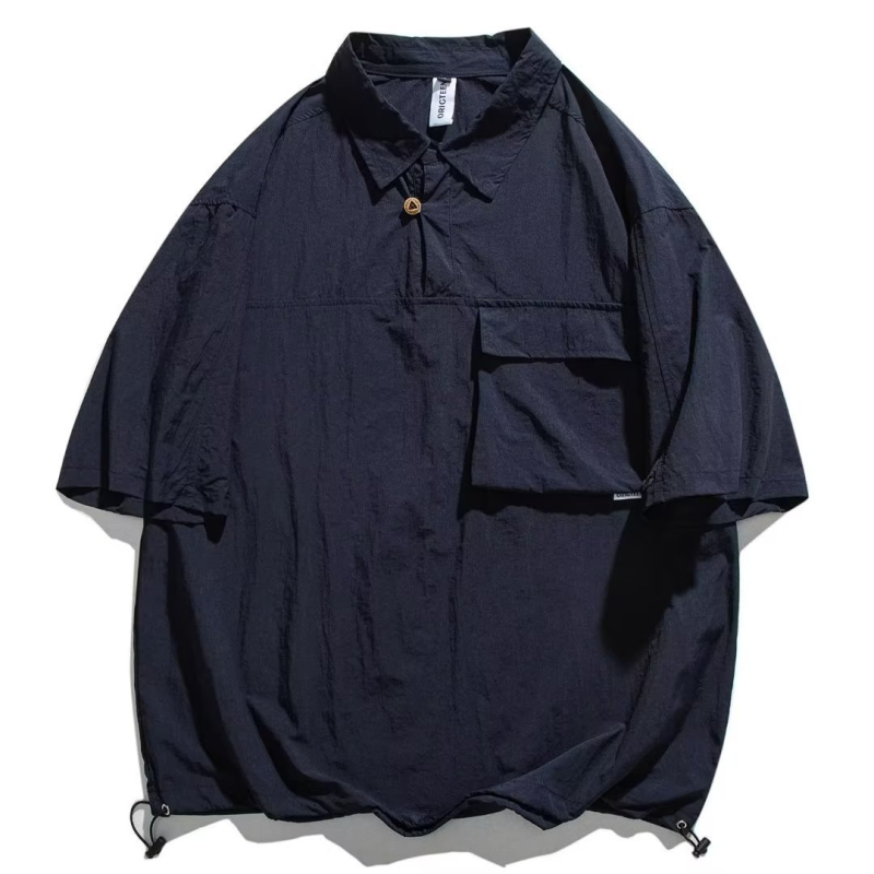 Cămașă lejeră cu guler pătrat, mâneci scurte, buzunar decorativ, croială lejeră, amestec din poliester