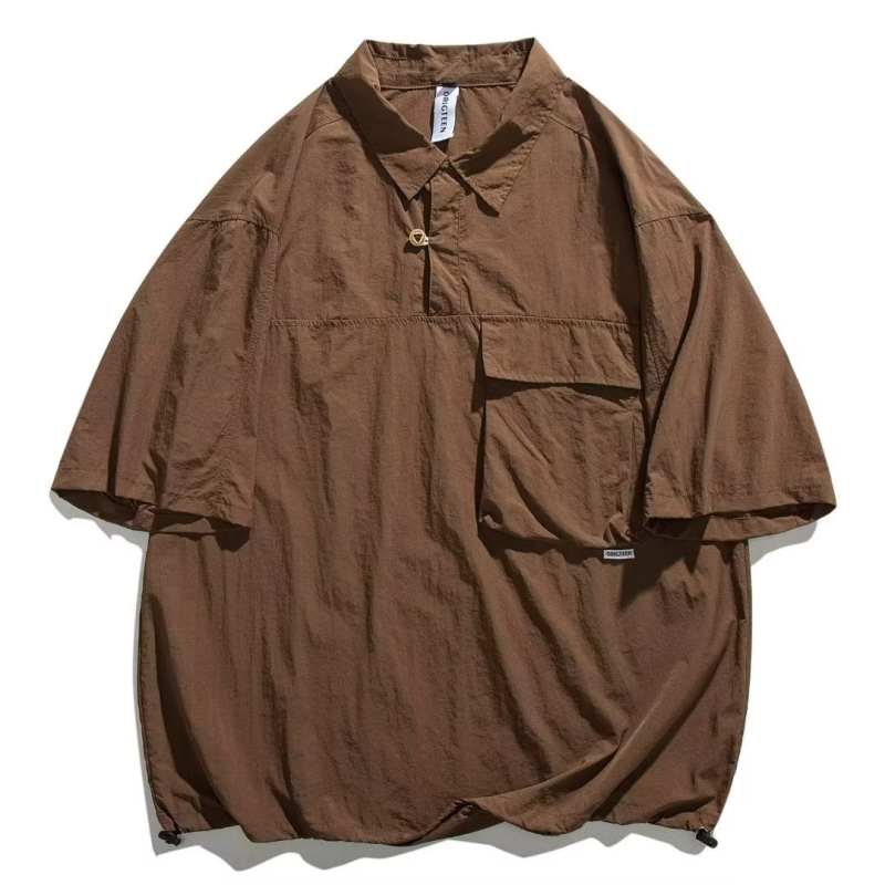 Cămașă lejeră cu guler pătrat, mâneci scurte, buzunar decorativ, croială lejeră, amestec din poliester