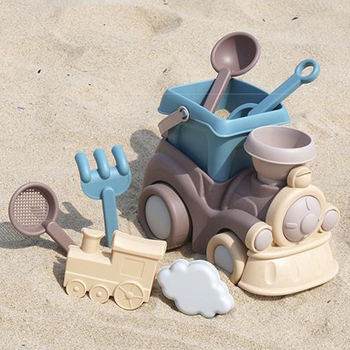 Tengerparti homokozó készlet vonat alakú vödörrel és ásóval; műanyag játék, 4–6 éveseknek, 3C tanúsítvány, hálós zacskós csomagolás