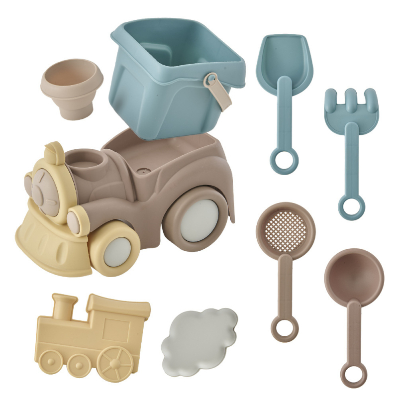 Tengerparti homokozó készlet vonat alakú vödörrel és ásóval; műanyag játék, 4–6 éveseknek, 3C tanúsítvány, hálós zacskós csomagolás