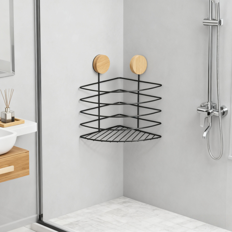 Nordic stílusú vasból készült sarok fürdőszobai polc, falra szerelhető, háromszög alakú, 1 polc, teherbírás 1–5 kg