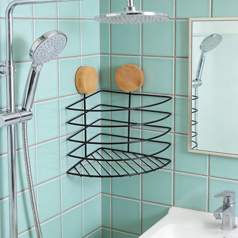 Nordic stílusú vasból készült sarok fürdőszobai polc, falra szerelhető, háromszög alakú, 1 polc, teherbírás 1–5 kg