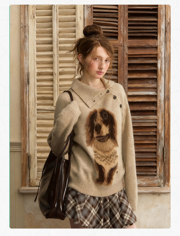 Pulover tricotat jacquard cu model cățeluș, croială lejeră cu glugă, lungime medie, tricot foarte gros