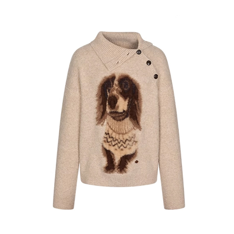 Pulover tricotat jacquard cu model cățeluș, croială lejeră cu glugă, lungime medie, tricot foarte gros